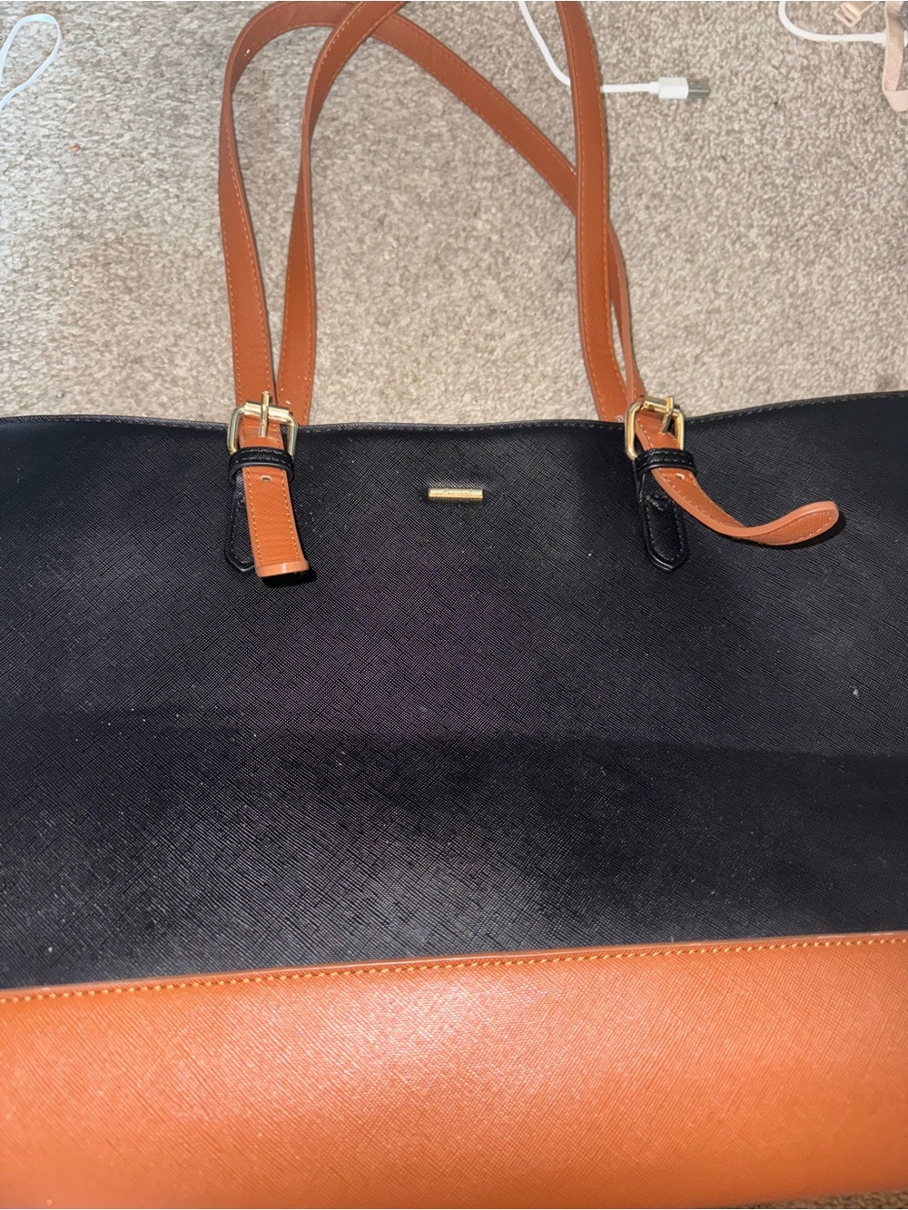 Black and Brown Two-Tone Tote with Adjustable Brown Straps